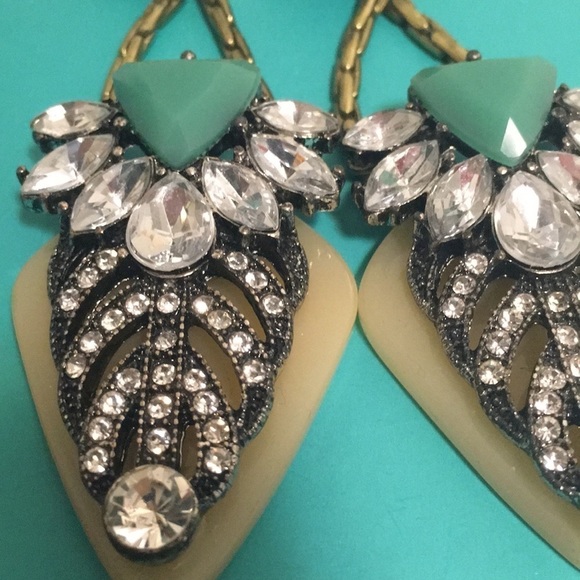 Teal and Rhinestone Chandelier Earrings - Picture 3 of 5